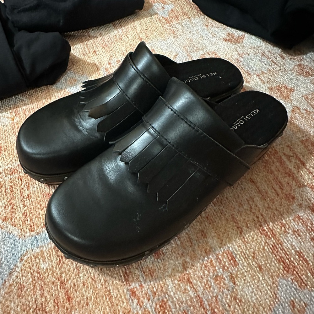 Kelsi Dagger Brooklyn Hibby studded wood bottom clog leather fringe top size 9.5 - Picture 3 of 7